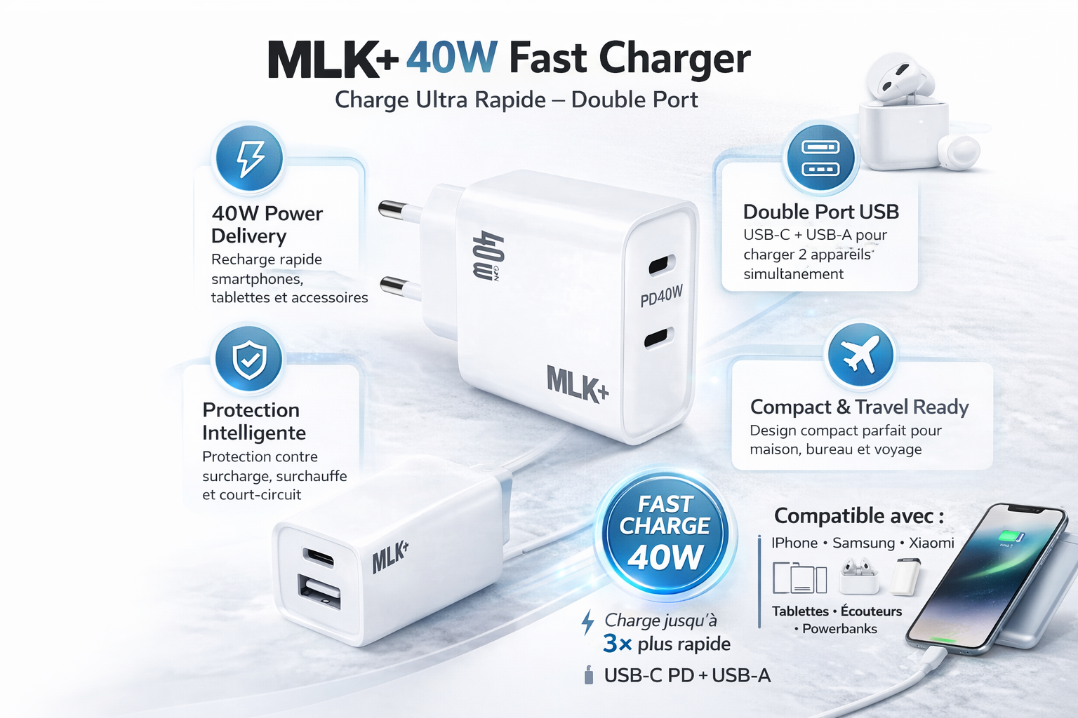 MLK+ Chargeur Secteur 40W USB-C Power Delivery + USB-A | Chargeur Rapide Double Port | Compatible iPhone, Samsung, Xiaomi, Tablette, Écouteurs | Adaptateur Secteur Compact