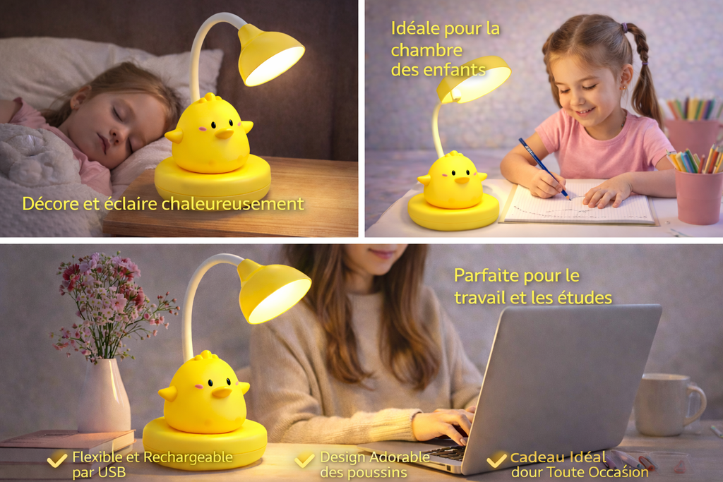 Lampe de Bureau LED Enfant Rechargeable USB – Veilleuse Kawaii Poussin – Lumière Douce, Bras Flexible, Portable – Idéale Chambre, Lecture, Cadeau