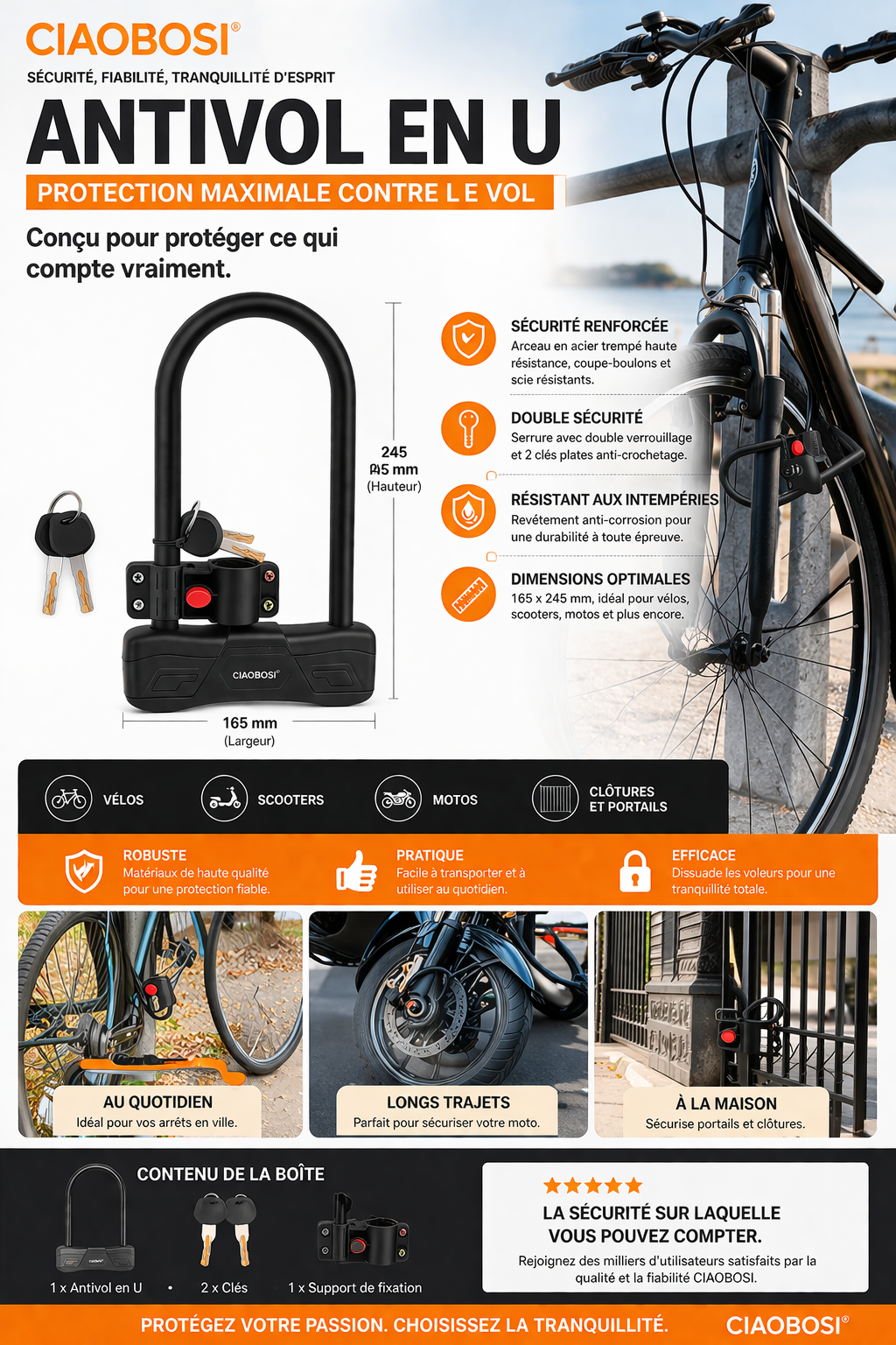 Antivol Vélo en U CIAOBOSI – Acier Trempé Haute Sécurité – Double Verrouillage + 2 Clés – Support Inclus