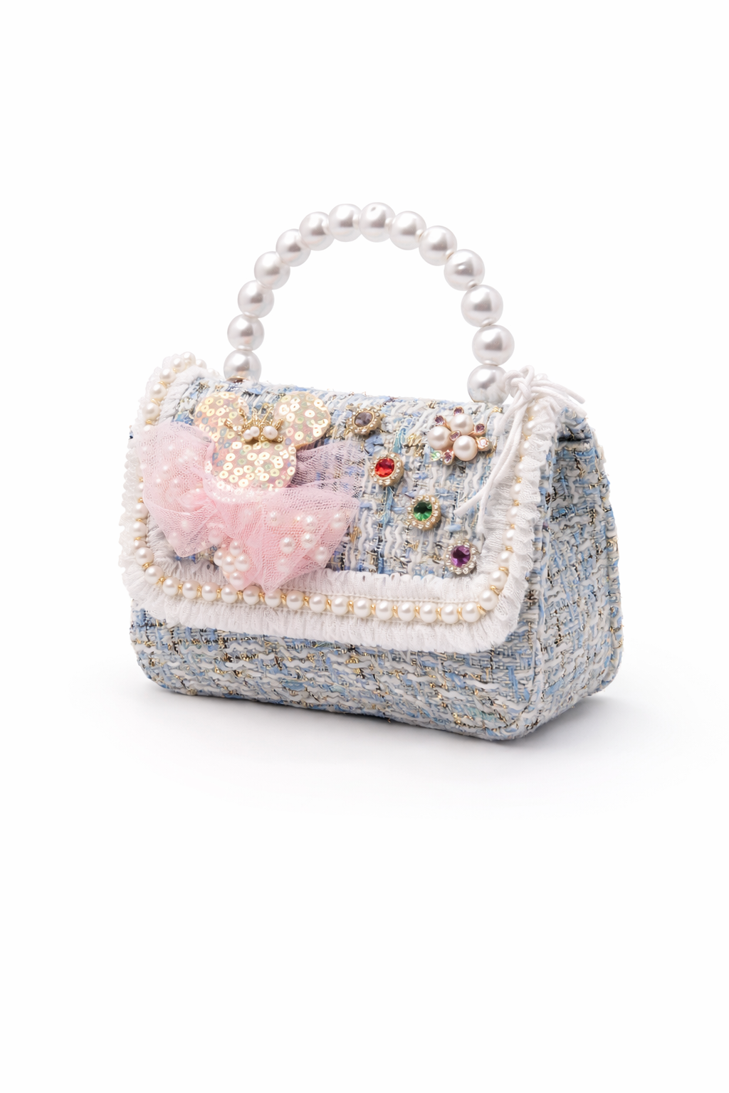 Sac à Main Fille en Tweed Rose avec Poignée Perles – Mini Sac Élégant Enfant & Ado – Sac Cadeau Mode pour Fêtes, Mariages et Occasions Spéciales