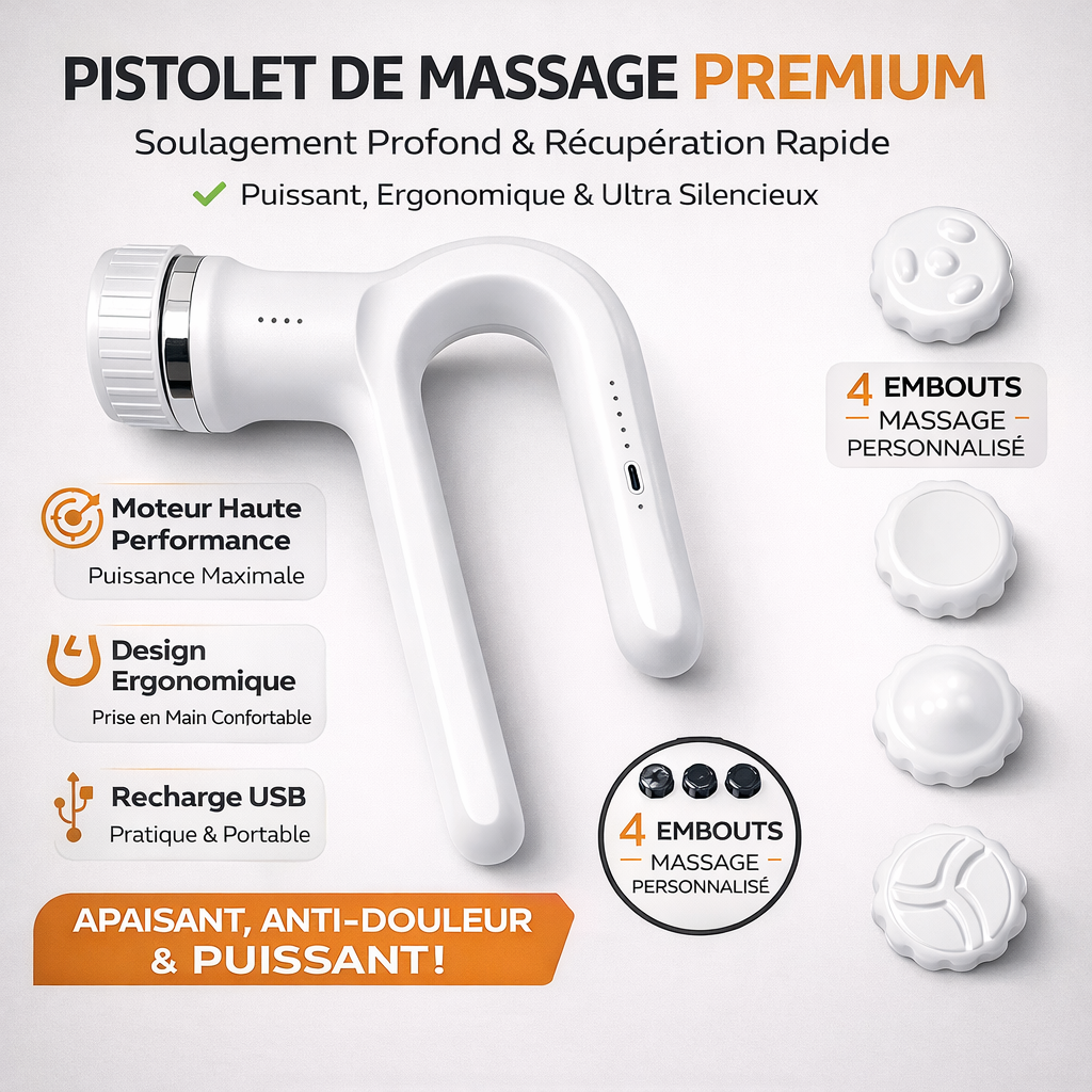 Pistolet de Massage Musculaire Sans Fil Rechargeable USB-C 5V, Massageur Percussif avec 4 Têtes Interchangeables, Poignée Ergonomique, Détente & Récupération Sportive, Dos Nuque Jambes