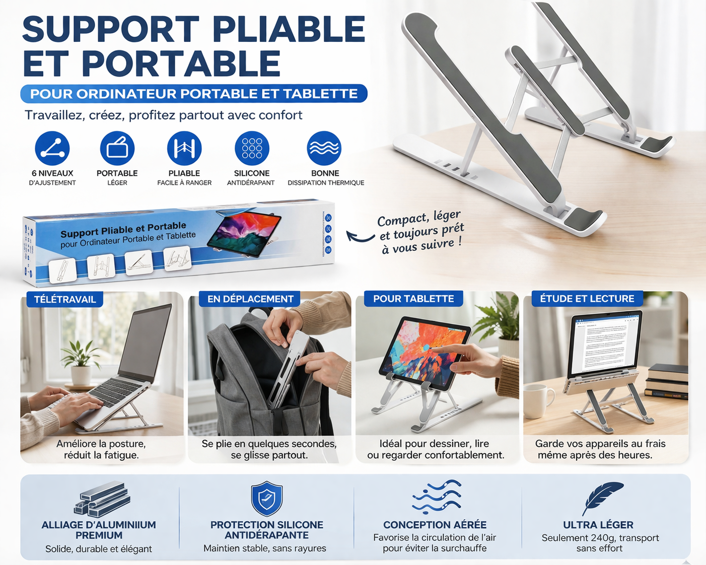 Support Ordinateur Portable Pliable et Réglable – Support PC Portable et Tablette avec 6 Niveaux d’Ajustement, Silicone Antidérapant, Support Ventilé Ergonomique pour Bureau, Télétravail et Voyage