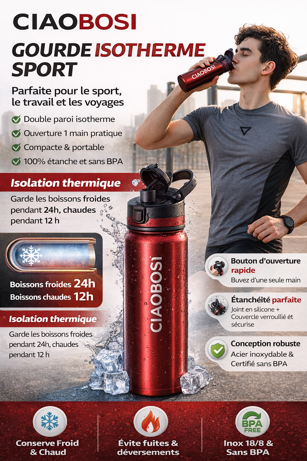 CIAOBOSI Gourde Isotherme Sport Inox 18/8 – Bouteille Thermique Étanche TX-9071 – Garde Froid 24h / Chaud 12h – Ouverture 1 Main – Gourde Portable pour Sport, Bureau, Voyage