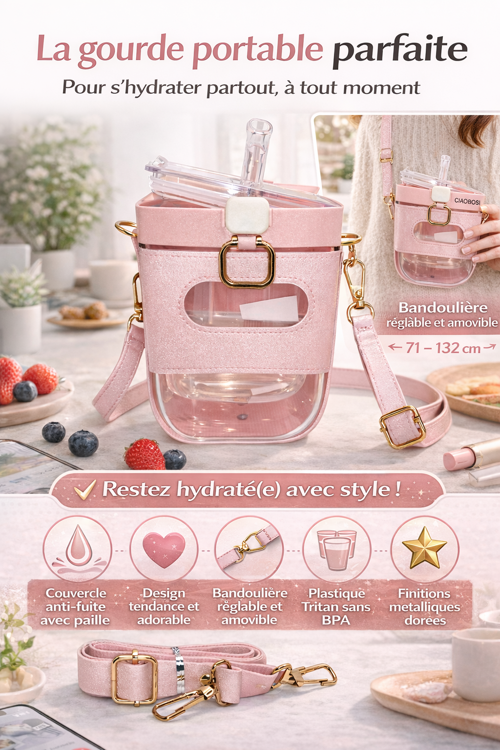 Gourde Portable avec Bandoulière Réglable – Paille Anti-Fuite – Design Tendance