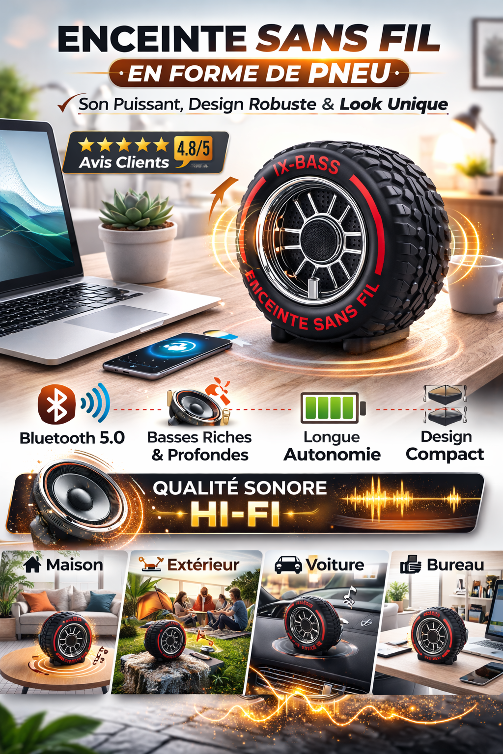 Enceinte Bluetooth Sans Fil IX-BASS ZQS-779 en Forme de Pneu – Basses Puissantes, Bluetooth 5.0, Longue Autonomie, Haut-Parleur Portable pour Maison, Voiture, Extérieur