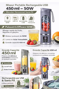 Mixeur Portable Rechargeable USB 450 ml – Blender Personnel Sans Fil 50W – Pour Smoothies, Fruits & Shakes – Compact, Puissant & Facile à Transporter
