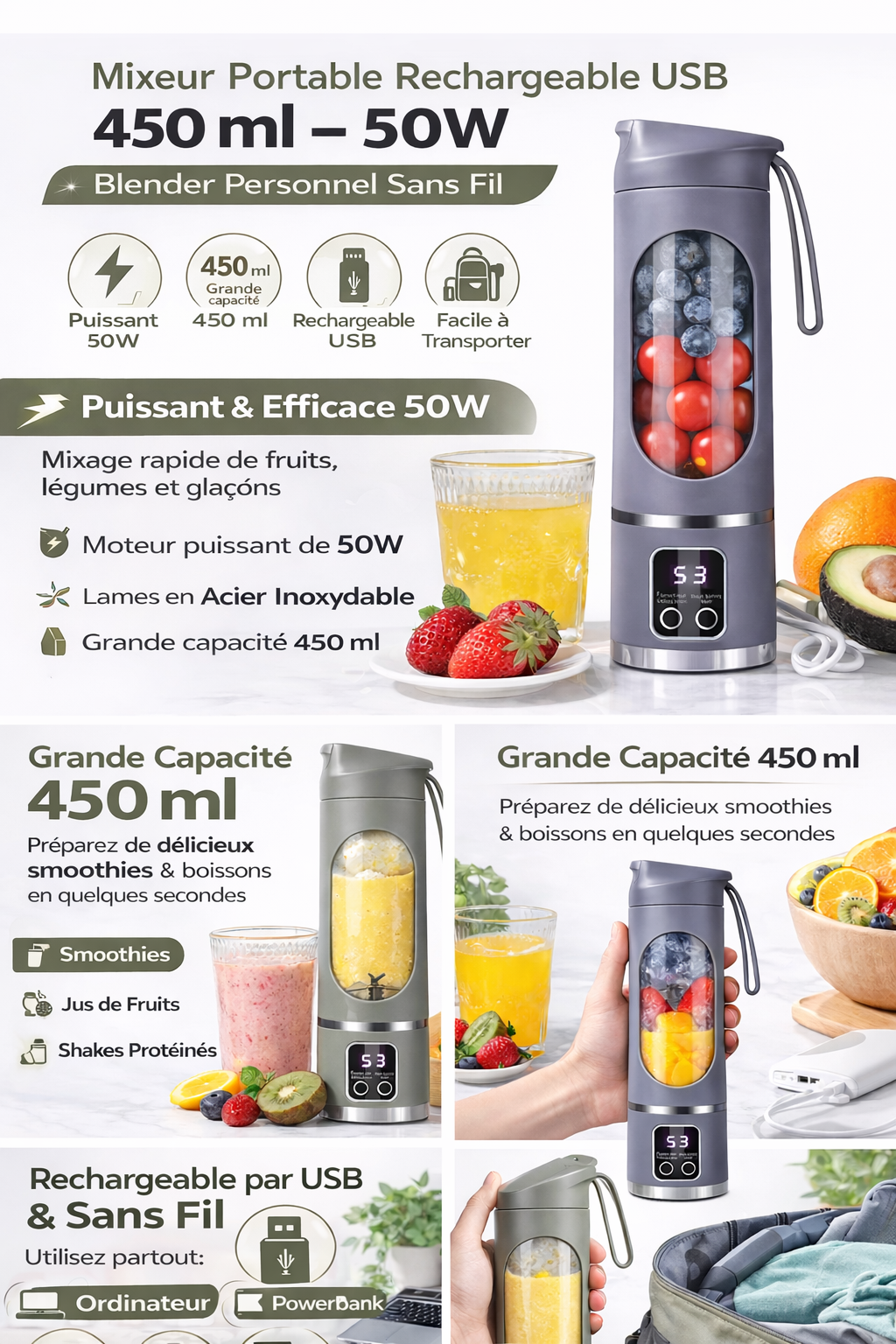 Mixeur Portable Rechargeable USB 450 ml – Blender Personnel Sans Fil 50W – Pour Smoothies, Fruits & Shakes – Compact, Puissant & Facile à Transporter
