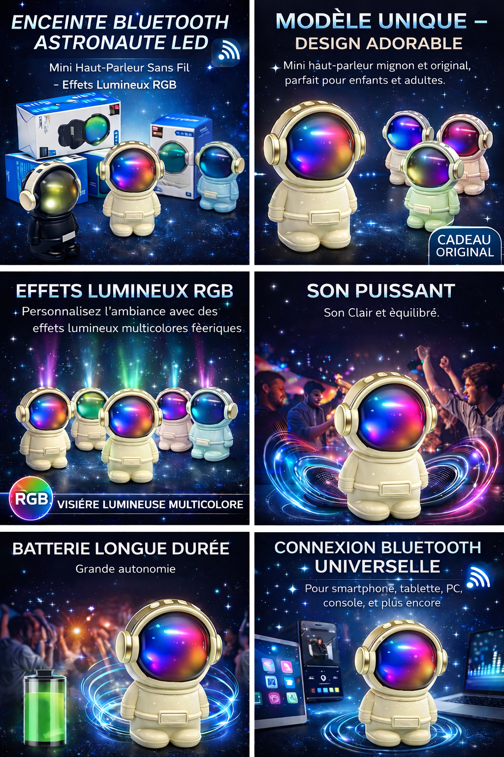 Enceinte Bluetooth Astronaute LED – Mini Haut-Parleur Sans Fil Portable – Effets Lumineux RGB – Cadeau Original – Modèle X-808