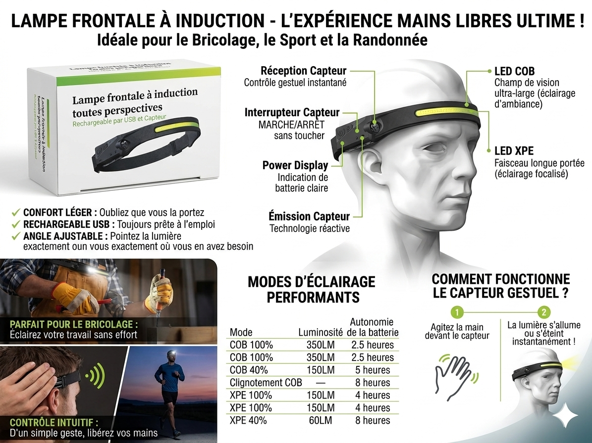 Lampe Frontale LED Rechargeable USB avec Capteur de Mouvement – 350 Lumens, 5 Modes d’Éclairage COB + XPE, Bandeau Ajustable – Lampe Frontale pour Bricolage, Camping, Running, Randonnée