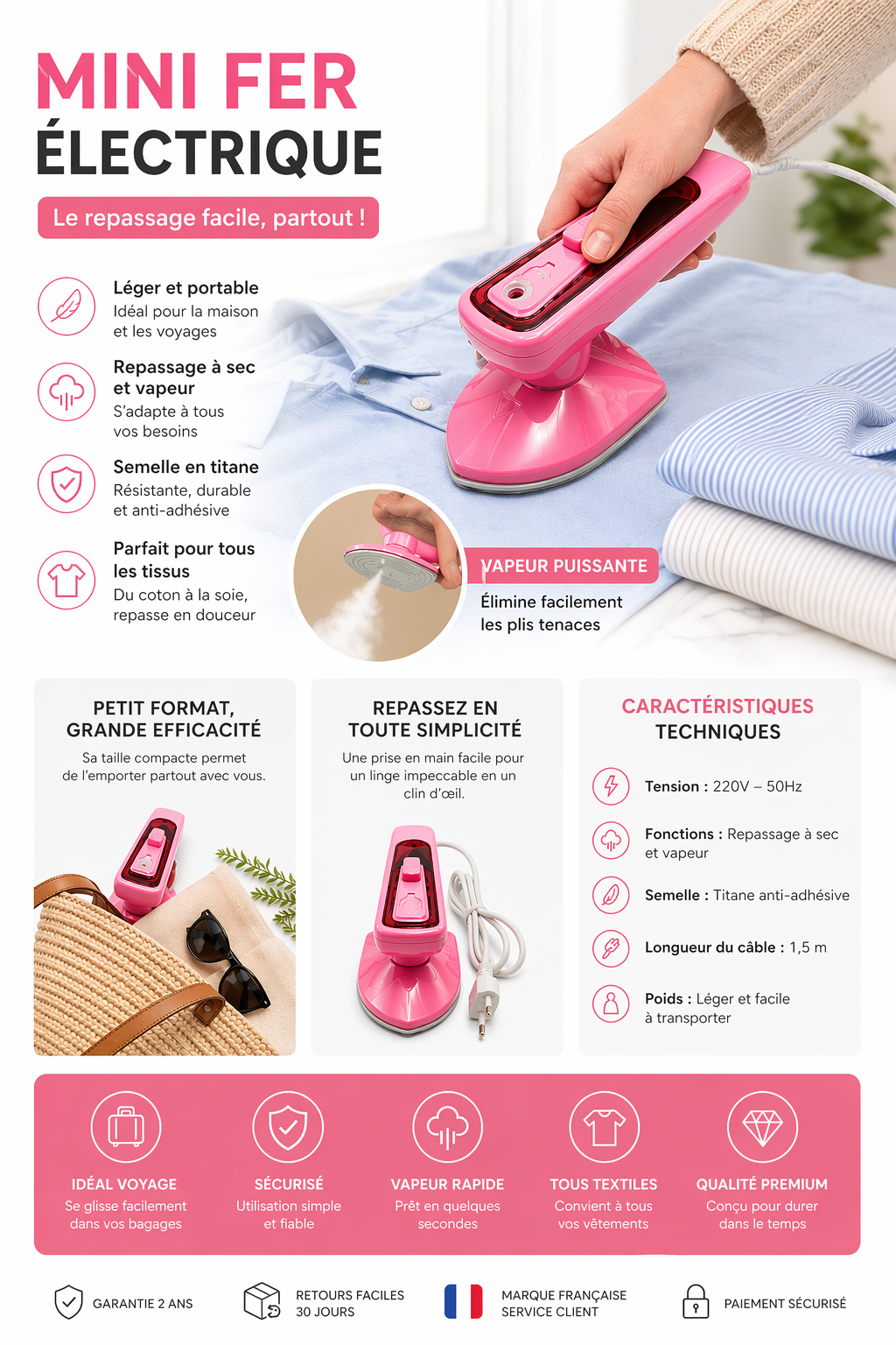 Mini Fer à Repasser Vapeur Portable – Fer Électrique Compact de Voyage – Semelle en Titane Anti-Adhésive – Repassage Sec & Vapeur – Léger et Pratique pour Tous Textiles
