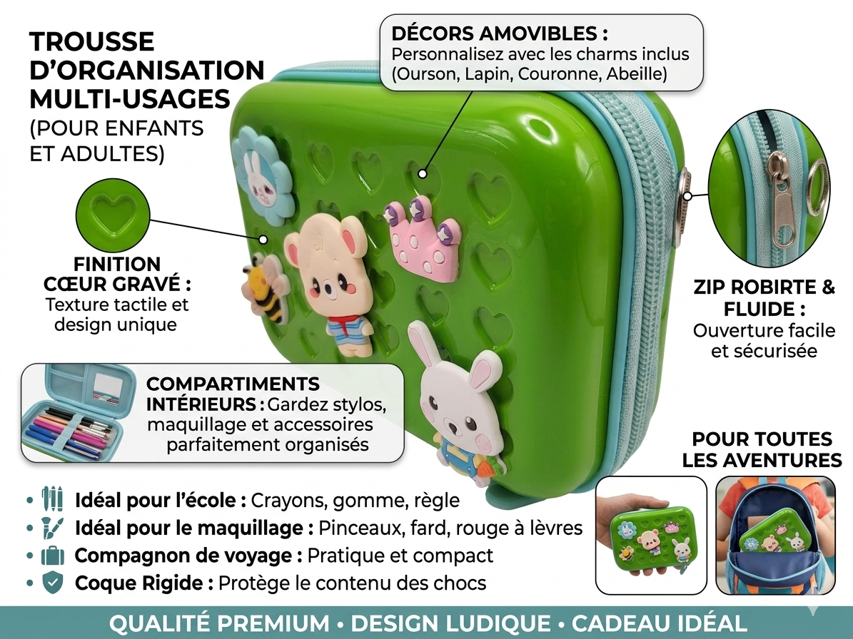 Trousse Enfant Rigide 3D – Grande Capacité – Fermeture Éclair – École Fille & Garçon